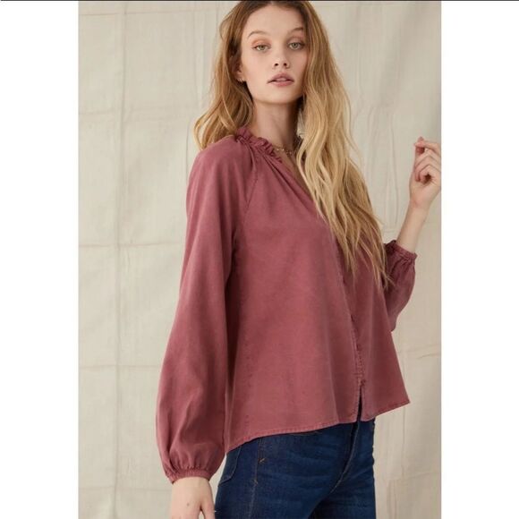 NWT Anthro Cloth & Stone Raglan Ruffle Neck Blouse in Blue/Green Size: M - Picture 3 of 16